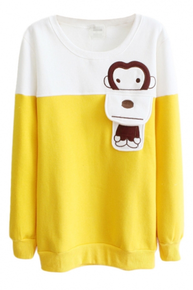 Cartoon Monkey Color Block Round Neck Long Sleeve Sweatshirt