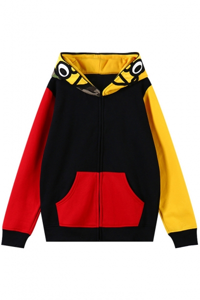 Color Block and Simpson-Printed-Hood Coat with Zipper Fly