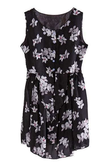 Floral Print Single-Breast Round Neck Sleeveless Dress
