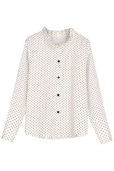 White Polka Dot Print Ruffle Collar Long Sleeve Blouse