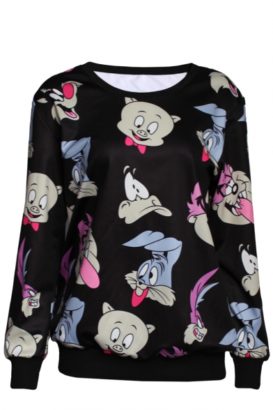 Cartoon Pig and Rabbit Print Round Neck Long Sleeve Sweatshirt