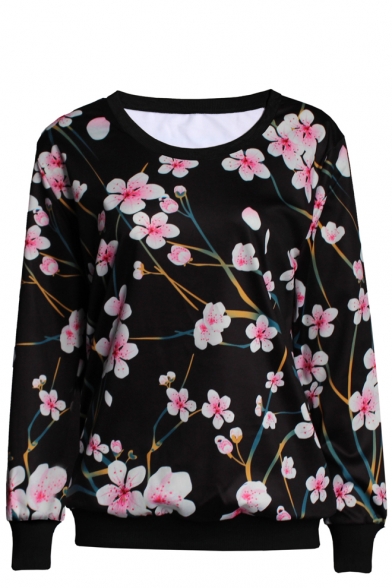 Peach Blossom Print Round Neck Long Sleeve Sweatshirt