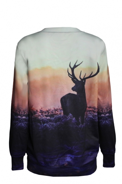 Deer Pattern Print Round Neck Long Sleeve Sweatshirt