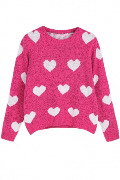 Heart Pattern Round Neck Long Sleeve Knitted Sweater