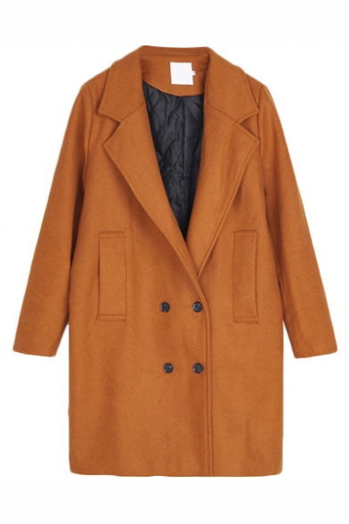 Plain Notched Lapel Longline Wool Coat with Double-breasted and Double-Pockets
