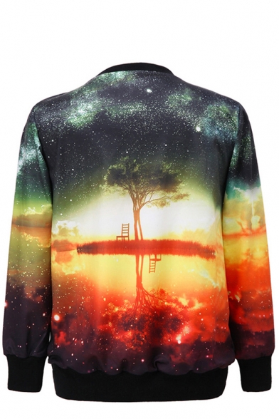 Tree and Sky Print Round Neck Long Sleeve Sweatshirt