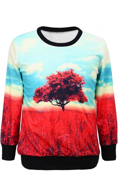 Tree Print Round Neck Long Sleeve Sweatshirt