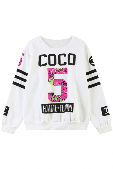 COCO 5 Print Stripe Long Sleeve Round Neck Sweatshirt
