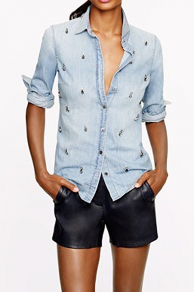 Fitted Beaded Plain Denim Shirt with Long Sleeve