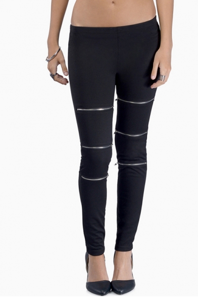 Fitted Elastic Waist Pencil Leggings with Zipper Detail