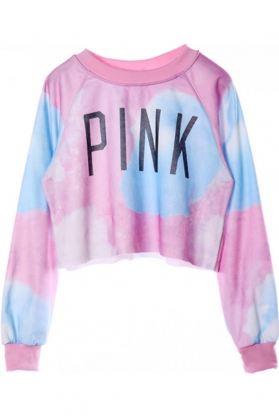 Letter Pink Print Round Neck Long Sleeve Crop Sweatshirt