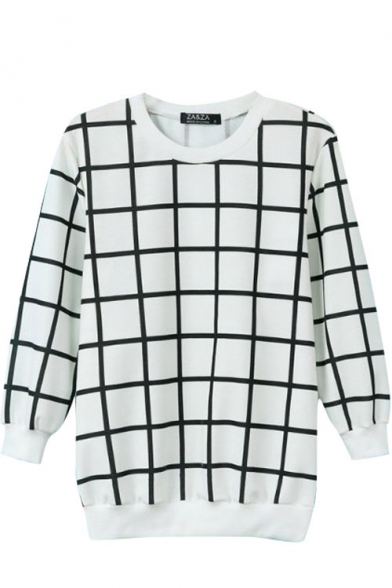 Plaid Pattern Long Sleeve Sweatshirt with Round Neckline