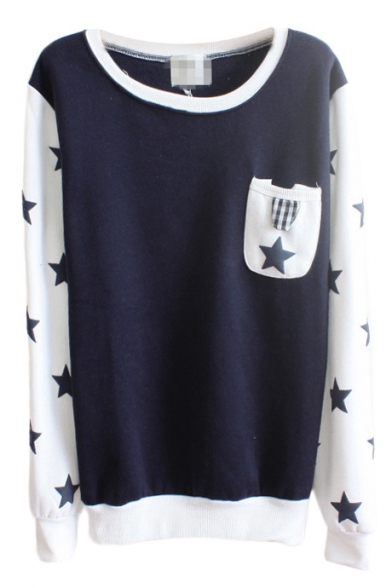 Star Pattern Round Neck Long Sleeve Sweatshirt with Pocket  Front