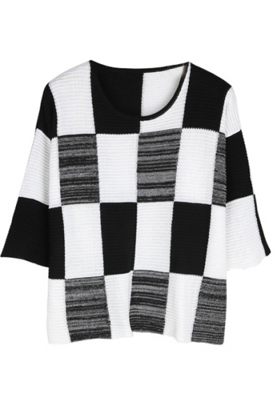 Color Block Round Neck 3/4 Sleeve Sweater