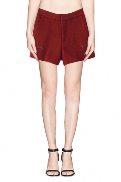 Lace Detail Solid Color Shorts with Zipper Fly