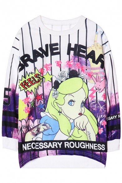 Brave Heart Cartoon Print Round Neck Long Sleeve Sweatshirt