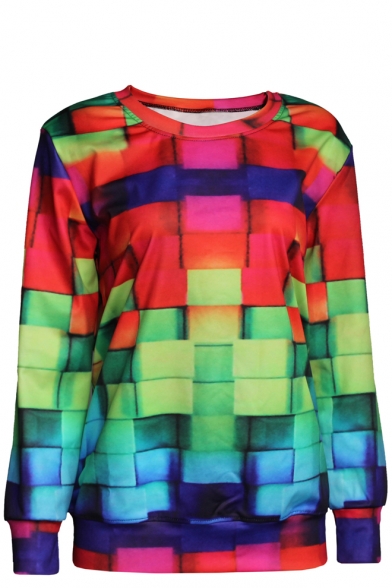 Color Block Plaid Round Neck Long Sleeve Sweatshirt