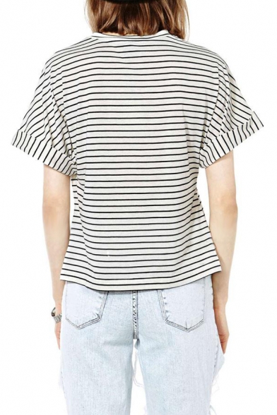 Embroidered Eyes Striped Round Neck Top with Short Sleeve ...