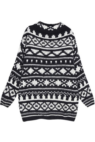 Geometrical Pattern High Neck Long Sleeve Tunic Sweater
