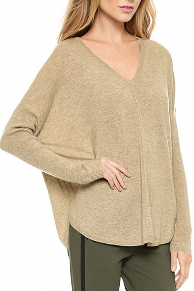 Woman's Fashion Beige Round Collar Bat Sleeve Car Printed Casual Sweater 