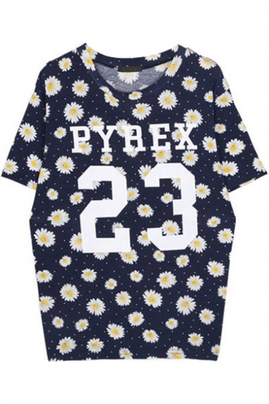 Letter and Floral Print Round Neck Short Sleeve Tee
