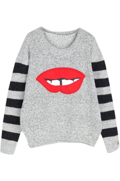 Mouth Pattern Round Neck Long Sleeve Knitted Sweater