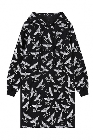 Letter Print Long Sleeve Tunic Hoodie in Loose Fit