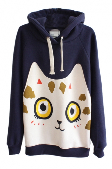 Cat Pattern Long Sleeve Hooded Pullover - Beautifulhalo.com