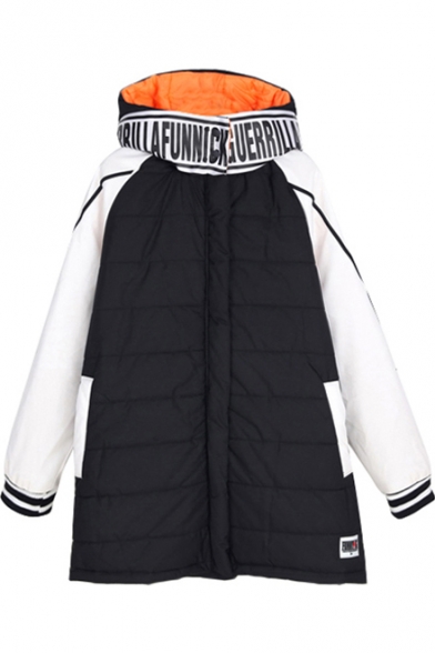Color Block Contrast Trim and Letter Print Longline Cotton Padded Coat with Hood