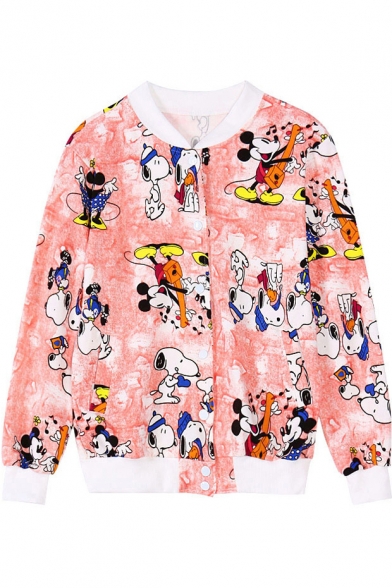 Contrast Trim Cartoon Print Baseball Jacket with Button Fly