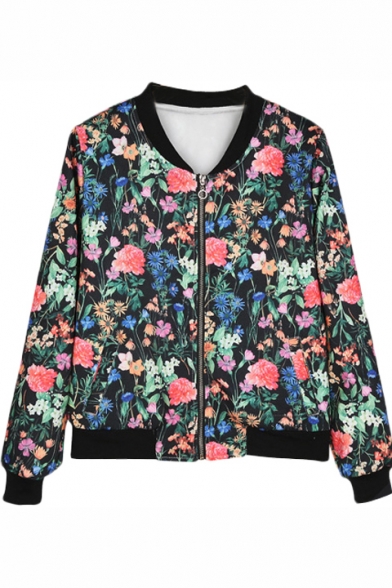 Floral Print Long Sleeve V-Neck Collar Jacket