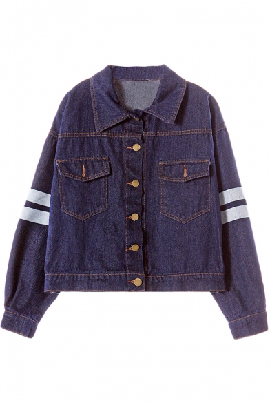 Letter and Stripe Print Lapel Button Fly Denim Jacket with Double Pockets Front