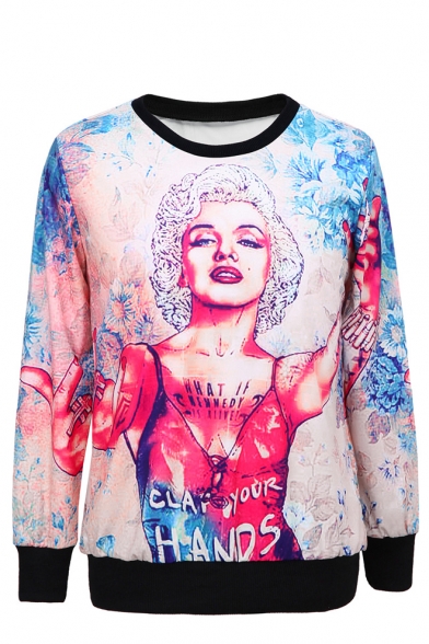 Sexy Monroe Print Round Neck Long Sleeve Sweatshirt