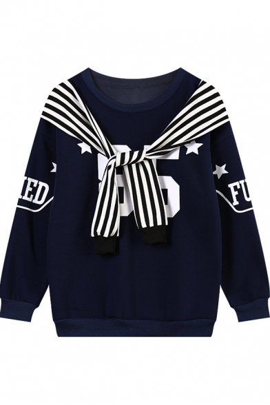 Striped Five-Pointed Star Print Round Neck Long Sleeve Sweatshirt