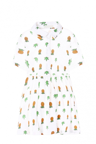 Sweet  Pineapple Print Shirt Sleeve Shirt Dress