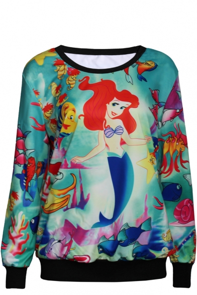 Cartoon Mermaid Print Round Neck Long Sleeve Sweatshirt