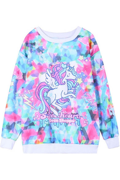 Dreamlike Colorful Horse Print Sweatshirt with Round Neck