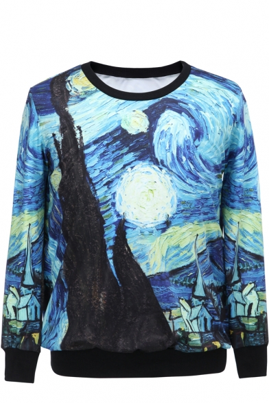Starry Night Print Round Neck Long Sleeve Sweatshirt
