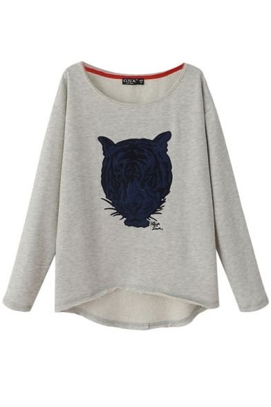 Blue Tiger Head Embroidered Long Sleeve T-Shirt