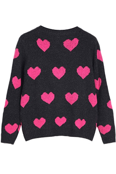 Heart Pattern Round Neck Long Sleeve Knitted Sweater - Beautifulhalo.com