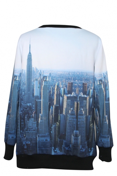 Ombre City Pattern Round Neck Long Sleeve Sweatshirt