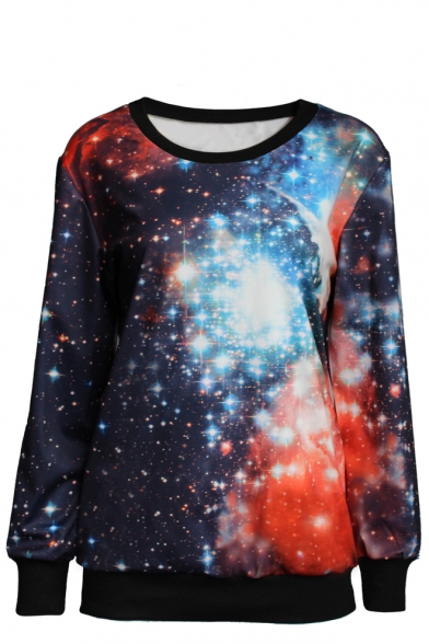 Starry Night Sky Print Round Neck Long Sleeve Sweatshirt