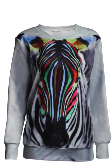 Zebra Pattern Print Round Neck Long Sleeve Sweatshirt