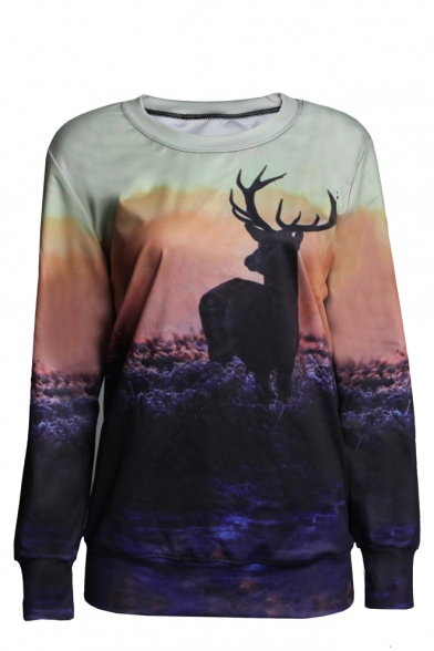 Deer Pattern Print Round Neck Long Sleeve Sweatshirt