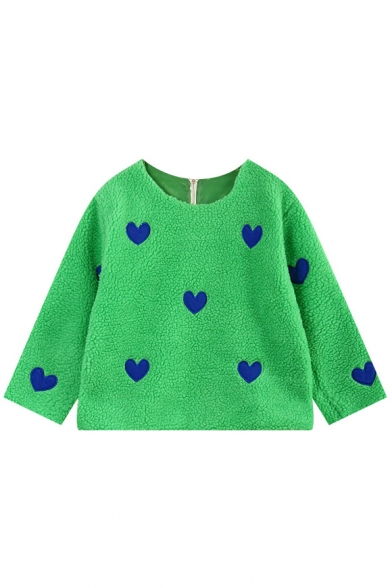 Heart Applique Round Neck Lamb Wool Cropped Coat