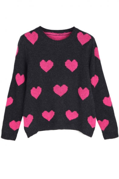 Heart Pattern Round Neck Long Sleeve Knitted Sweater - Beautifulhalo.com