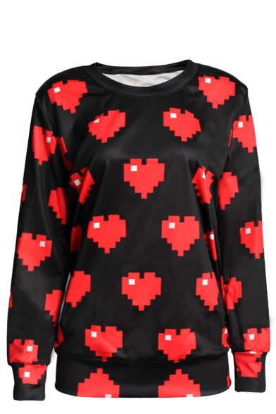 Heart Pattern Round Neck Long Sleeve Sweatshirt