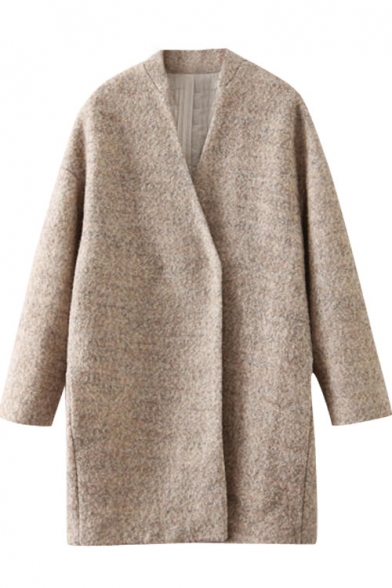 Beige Concise V-Neck Midi Wool Coat