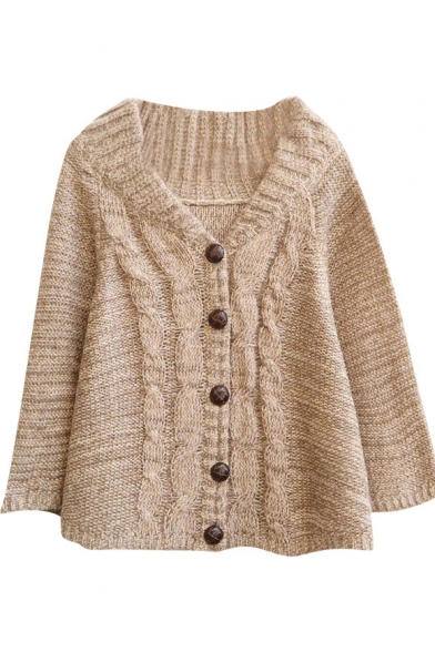 Beige Cropped Cape Style Button Fly Mohair Cardigan