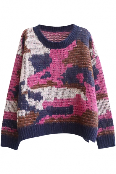 Camouflage Jacquard Pattern Round Neck Long Sleeve Mohair Sweater